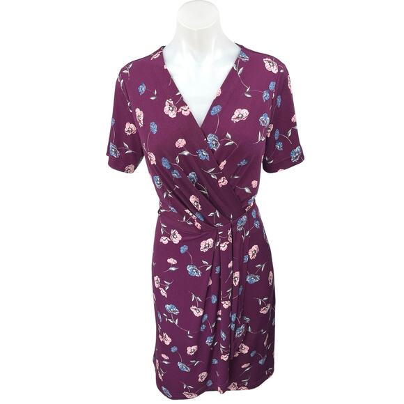 Banana Republic Purple Floral Short Sleeve Pleated Midi Wrap Sheath Dress Size S - Picture 1 of 5